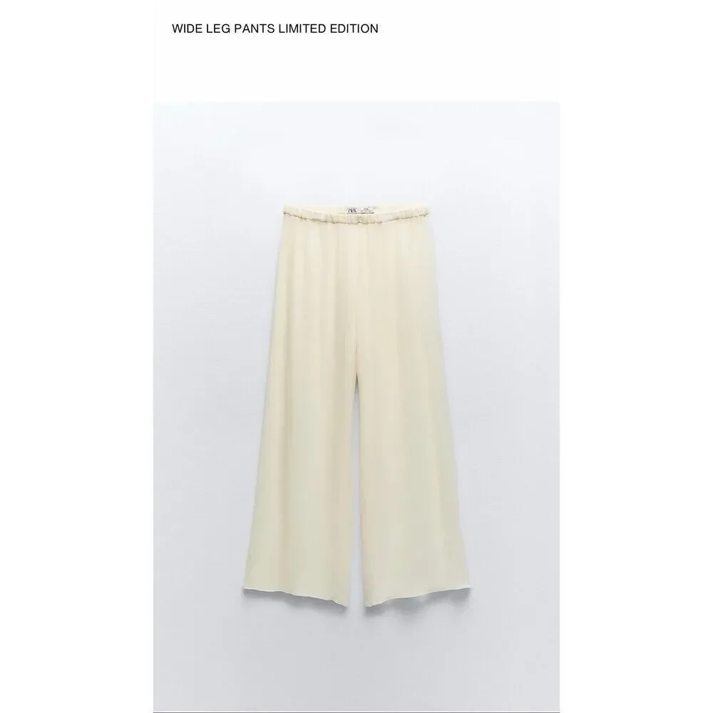 NWT Zara Studio Limited Edition Semi-Sheer Crinkled Wide Leg Pants Ivory Cream S